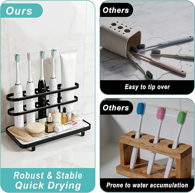 Electric Toothbrush Holders for Bathrooms, Bathroom Counter Organizer with Quick Dry Diatomaceous Earth Mat, 5 Slots Toothbrush and Toothpaste Holder Black, for Bathroom Sink Organizer Countertop