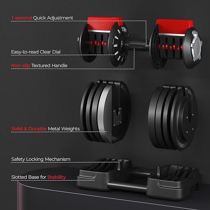 Yaheetech Adjustable Dumbbell Set Free Weight Dumbbells 40lbs/52.5lbs/90lbs Fast Adjust Dumbbells Dumbbell Weight Set, with Tray for Men/Women Strength Training Equipment-StrideForce Fitness