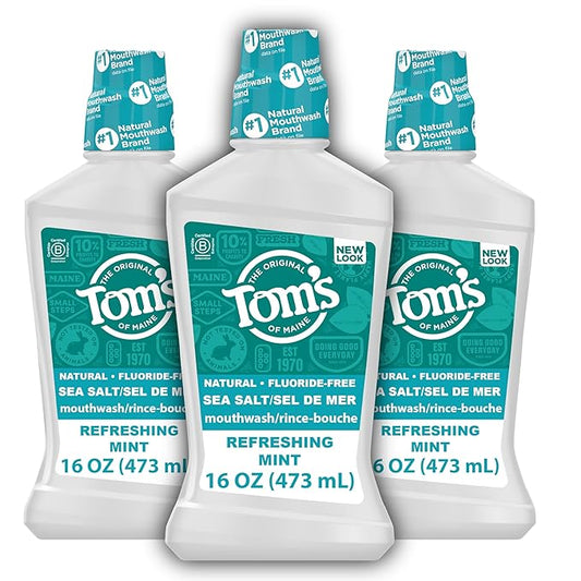 Tom's of Maine Sea Salt Natural Alcohol-Free Mouthwash, Refreshing Mint, 16 Fl Oz (Pack of 3)