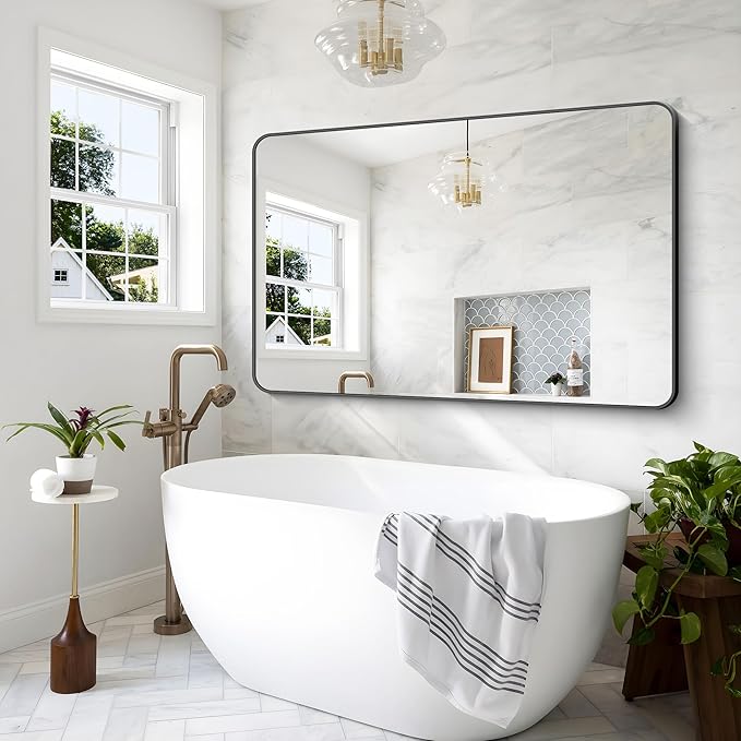 Black Bathroom Mirror,60x40 inch Wall Mirror for Bathroom Wall Mounted,Rectangle Mirror for Bathroom Over Sink,Modern Frame Round Corner for Living Room,Bedroom Entryway,Horizontal/Vertical-StrideForce Fitness