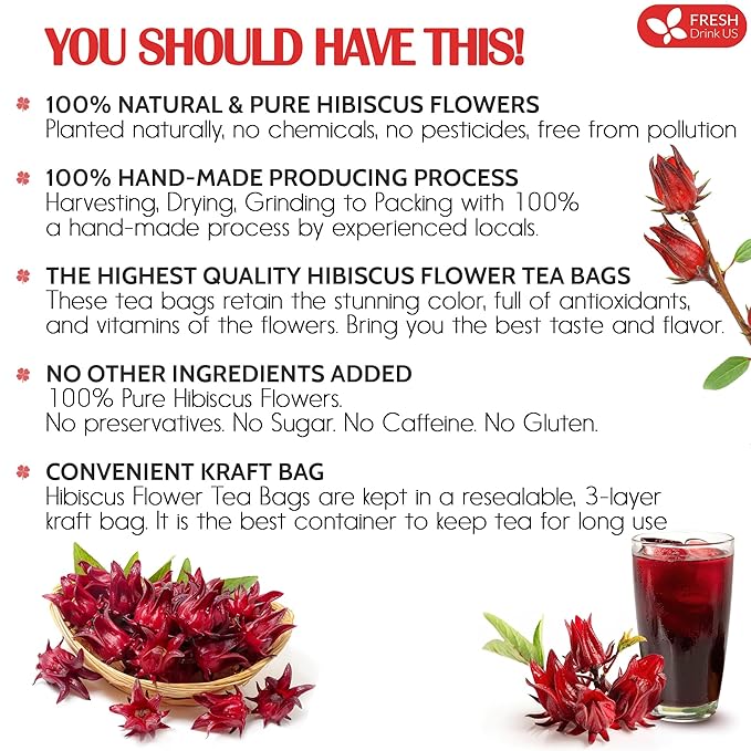 FreshDrinkUS Premium 30 Hibiscus Tea Bags, 100% Natural & Pure, Loose Flower Herbal Tea, No Sugar, Caffeine, Gluten, Vegan-StrideForce Fitness