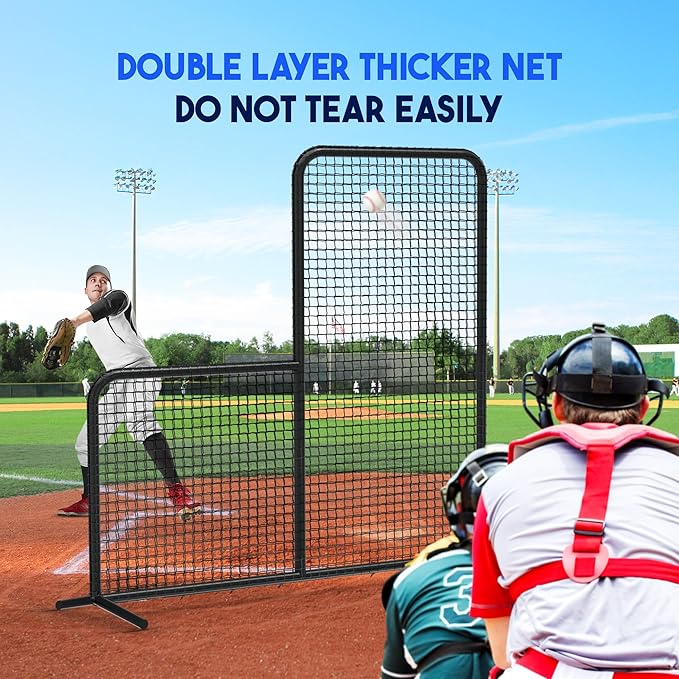 Yes4All Portable L-Screen Baseball 7x7ft with 2 Baseballs, Rubber Wheels - L Screen Baseball for Batting Cage, Protective Pitching Screen Net Double Layers, Carry Bag Included-StrideForce Fitness