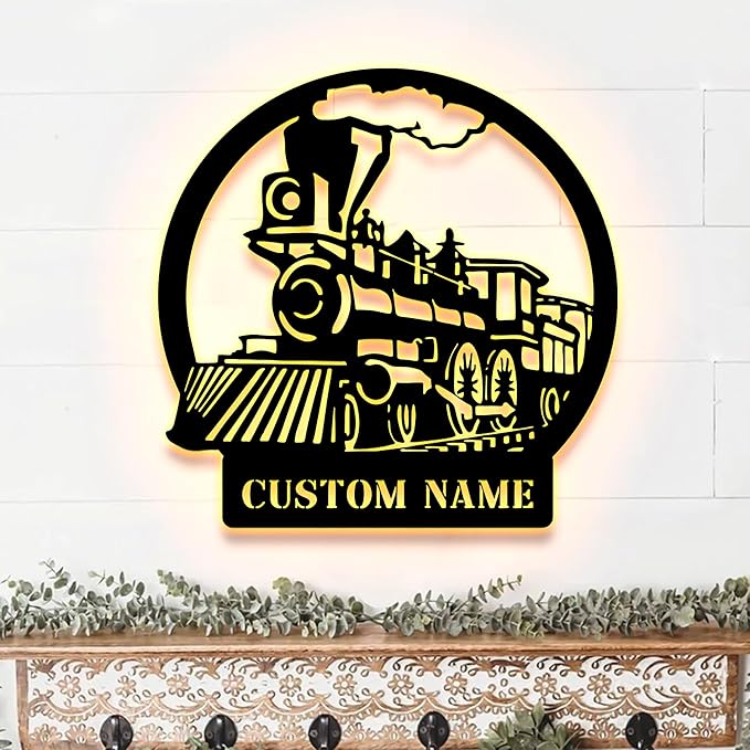 Personalized Metal Sign With LED Light, Train Room Decor, Railroad Wall Art, Custom Steam Train Home Decoration-StrideForce Fitness