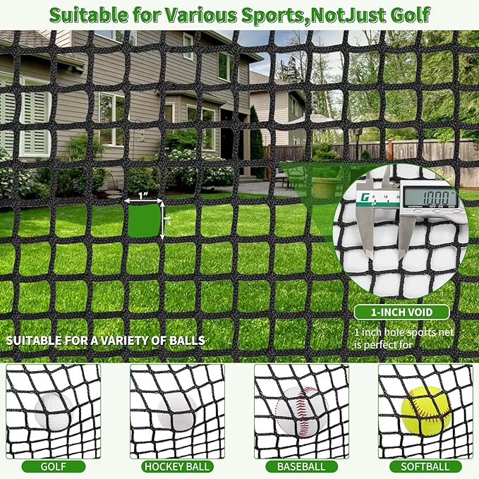 AKOZLIN Heavy Duty Sports Golf Netting Hitting Net 1" Square mesh for Softball,Baseball 10x10ft/10x15ft/10x20ft-StrideForce Fitness