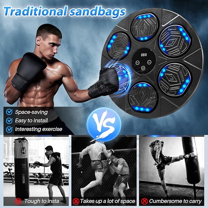 Music Boxing Machine, Bluetooth Music Punching Machine with Gloves, Electronic LED Boxing Training Equipment Wall Mounted, 9 Modes & 9 Speeds, Boxing Target for Home, Office, Gym-StrideForce Fitness
