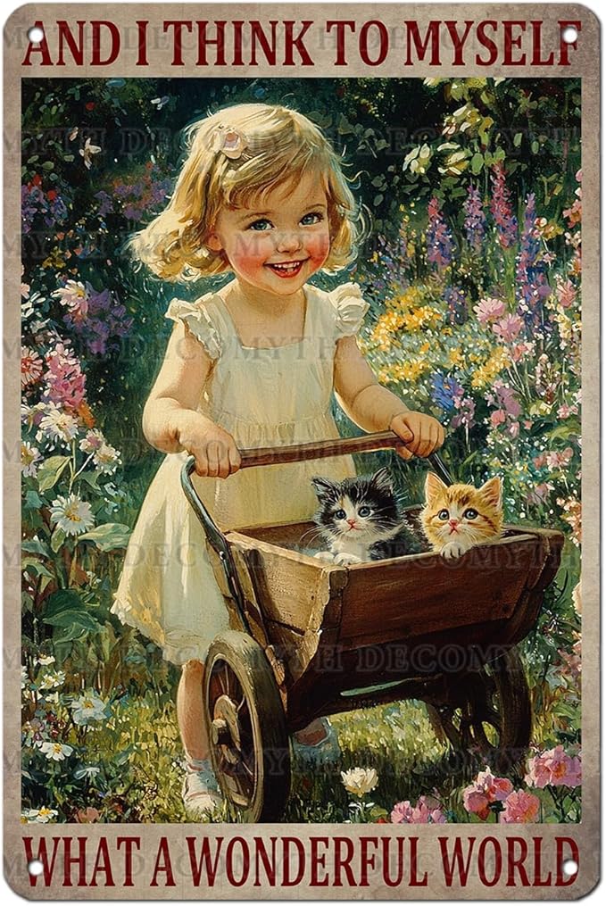 Garden Girl Metal Tin Sign Wall Art Rustic Vintage Outdoor Decor And I Think To Myself What A Wonderful World Quote 12 * 8inch-StrideForce Fitness