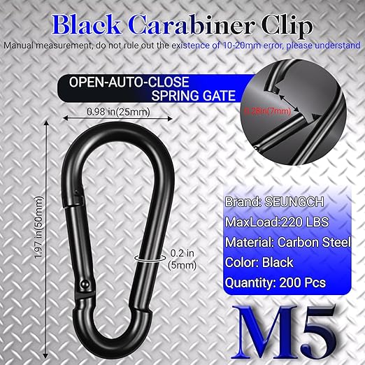 200 PCS M5 Carabiners, 3/16Inch Galvanized Steel Black Quick Link Small Carabiner Clips, 2'' Spring Carabiner Link Buckle for Fishing Camping Hammock Dog Leashes-220LBS Holding Capacity-StrideForce Fitness