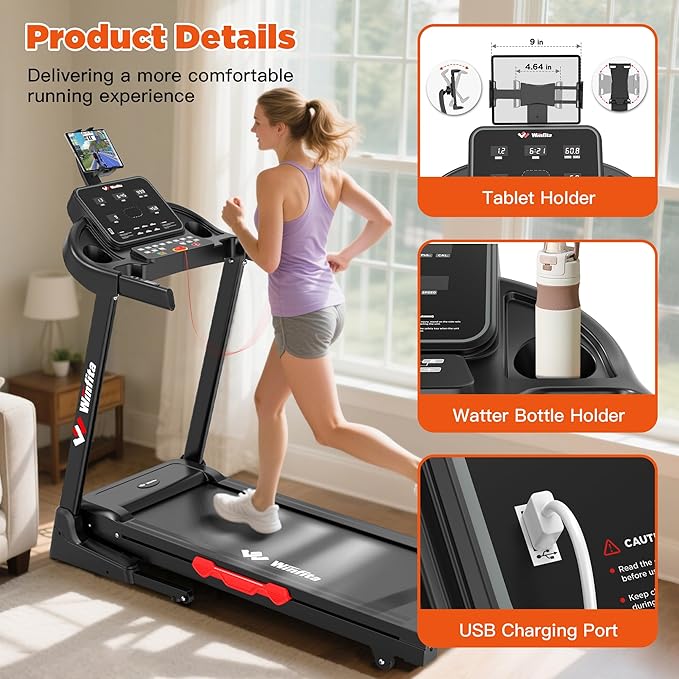 3.5HP Folding Treadmills for Home with Incline Optional, 300 lbs Capacity, 8.0MPH Speed, 17'' Wide Belt, App, Bluetooth Connection, 64 Programs, USB Charging Port, BMI Detector for Home Use-StrideForce Fitness