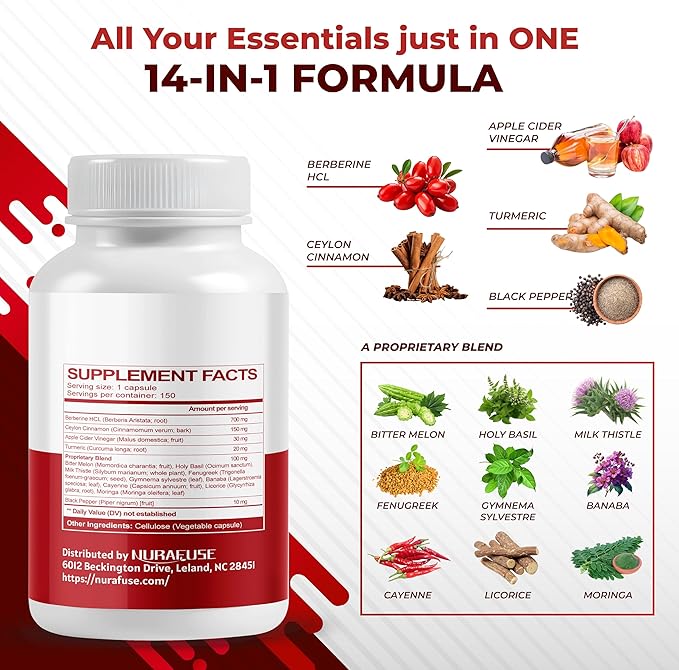 Berberine 14-in-1 Supplement with Ceylon Cinnamon Apple Cider Vinegar Turmeric Bitter Melon Holy Basil Milk Thistle Fenugreek Gymnema Banaba - Made in The USA-StrideForce Fitness