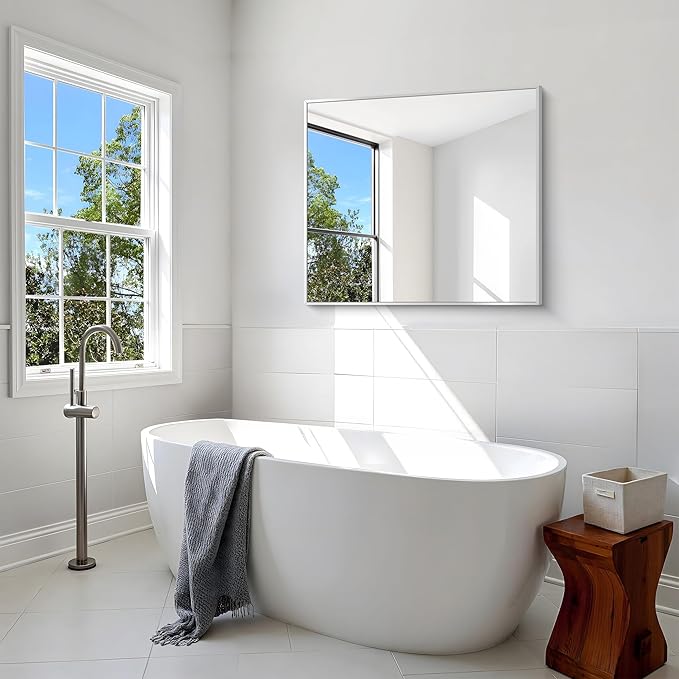Silver Bathroom Mirror,30x36 inch Wall Mirror for Bathroom Wall Mounted,Rectangle Mirror for Bathroom Over Sink,Modern Metal Frame for Living Room,Bedroom Entryway,Horizontal/Vertical-StrideForce Fitness