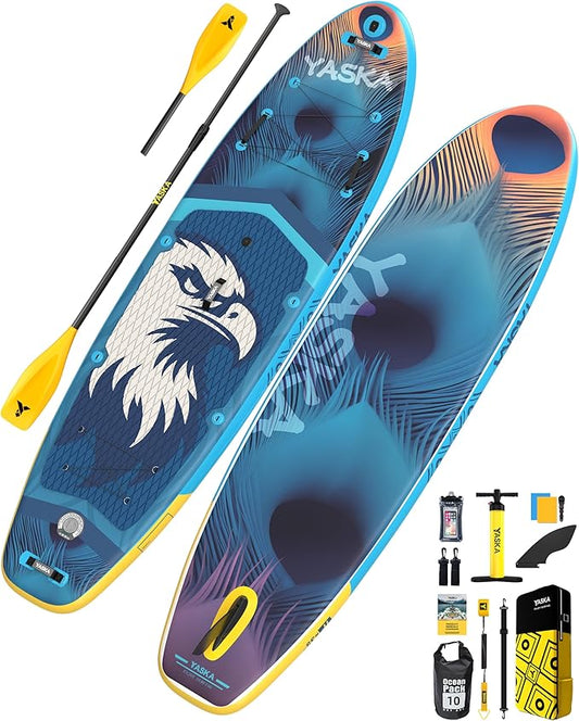 YASKA Inflatable Stand Up Paddle Board - 11ft Extra Wide Paddleboard with Premium SUP Board Accessories,Camera Mount,Non-Slip EVA Deck,5 Handles,Youth/Adult-StrideForce Fitness