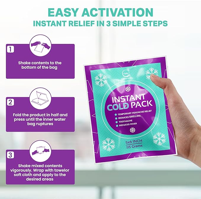 Instant Ice Cold Pack (6” x 5”) - 50 Packs Disposable Instant Ice Packs for Injuries | Cold Compress Ice Pack for Pain Relief, Swelling, First Aid, Toothache, & Outdoor Activities -Subscribe & Save-StrideForce Fitness