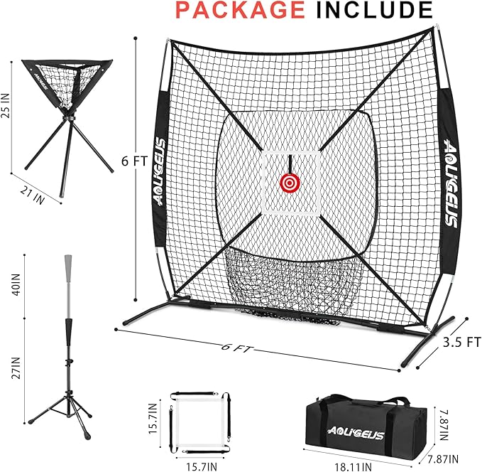 6'X6' Baseball Softball Practice Net with Batting Tee and Ball Caddy, Bonus Strike Zone Target and Bow Frame, for Hitting, Pitching, Catching-StrideForce Fitness