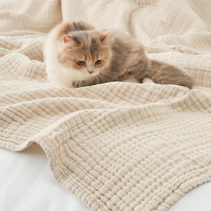 Carriediosa 100% Cotton Muslin Throw Blanket 70" X 80" Twin Size，4-Layers Summer Gauze Throws for Bed Couch，Soft Lightweight Breathable Linen Blankets Bedspread for Adults All Season，Khaki-StrideForce Fitness