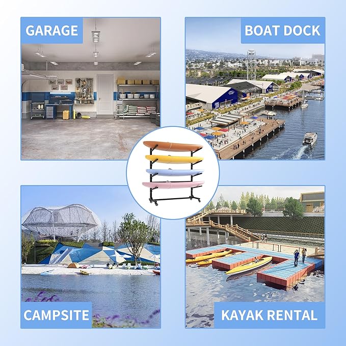 Kayak Storage Rack, Heavy Duty Kayak Stand Canoe Rack with Wheels, Freestanding Kayak Holder Stand for Kayaks, Canoes, Surfboard, Paddleboard Storage-StrideForce Fitness