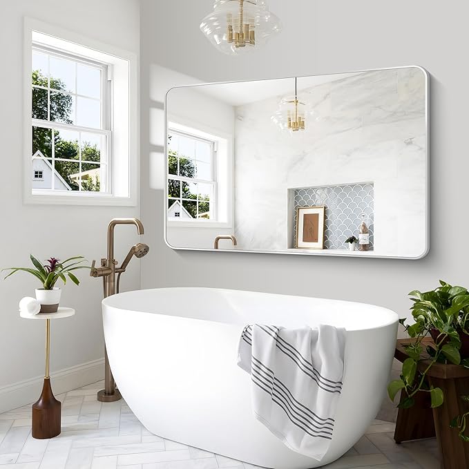 Silver Bathroom Mirror,60x40 inch Wall Mirror for Bathroom Wall Mounted,Rectangle Mirror for Bathroom Over Sink,Modern Frame Round Corner for Living Room,Bedroom Entryway,Horizontal/Vertical-StrideForce Fitness