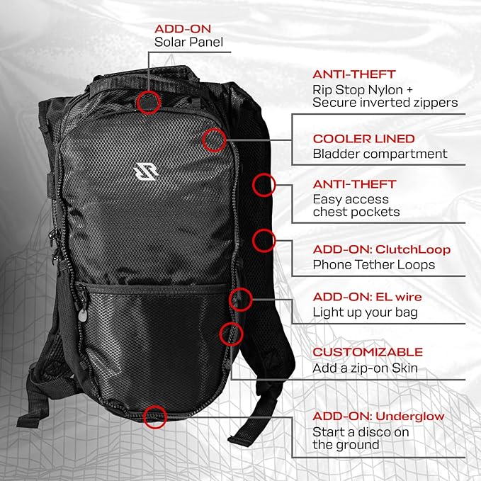 RAVERUNNER® Anti-Theft Hydration Backpack | Festival Approved Rave Backpack for Concert Goers, Leak-Free Festival Water Backpack for EDC, Rave Hydration Pack-StrideForce Fitness