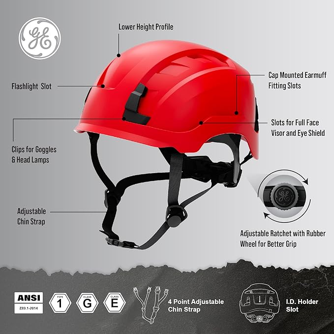 GE Safety Helmet, Impact Absorbing Tech, Adjustable Ratchet, ANSI Type 1, Memory Foam Padding, Hard Hats Protection, Lightweight, Durable, Chin Strap, Comfortable Fit OSHA Approved-StrideForce Fitness