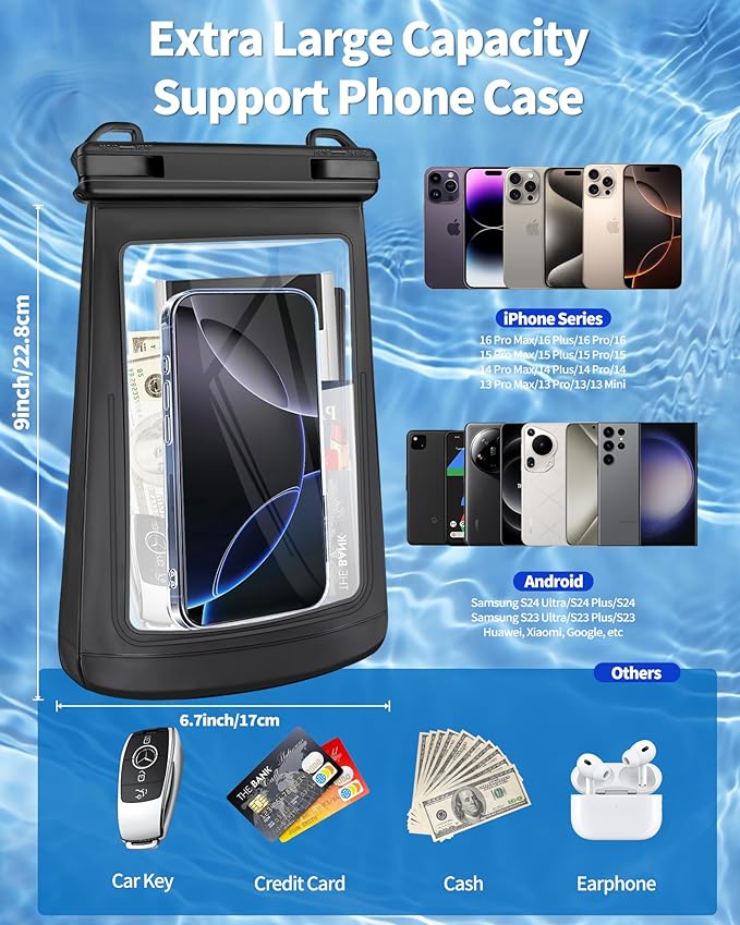 Large Waterproof Phone Pouch - [Oversized] [Floating] Water Proof Pouch for iPhone Galaxy Google and More, IPX8 Waterproof Dry Bag for Beach Vacation Belongings Clear Black-StrideForce Fitness