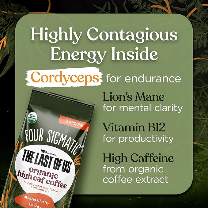 Four Sigmatic The Last of Us High Caffeine Cordyceps Coffee | Organic Dark Roast Extra Strong Ground Coffee with L-Theanine | Energy Booster Without the Jitters | 10oz Bag-StrideForce Fitness