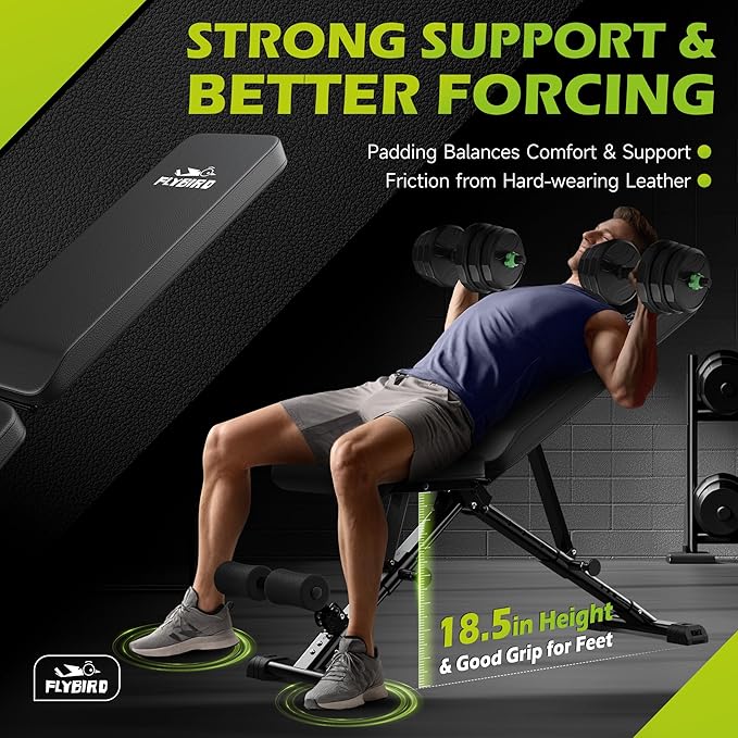 FLYBIRD Weight Bench, Adjustable Strength Training Bench for Full Body Workout with Fast Folding-New Version-StrideForce Fitness