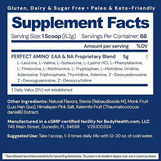 BodyHealth PerfectAmino Powder - BCAA and EAA Powder for Pre and Post Workout - Amino Acid Energy Drink to Support Lean Muscle and Recovery - NSF Certified for Sport - Vanilla - 66 Servings-StrideForce Fitness