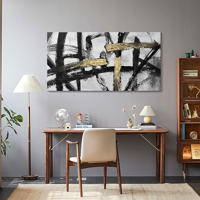 Large Black and White Wall Art, Modern Paintings Gold Abstract Graffiti Canvas Artwork Wall Pictures for Living Room Bedroom Dining Room Home Office Decor 24x48 In-StrideForce Fitness