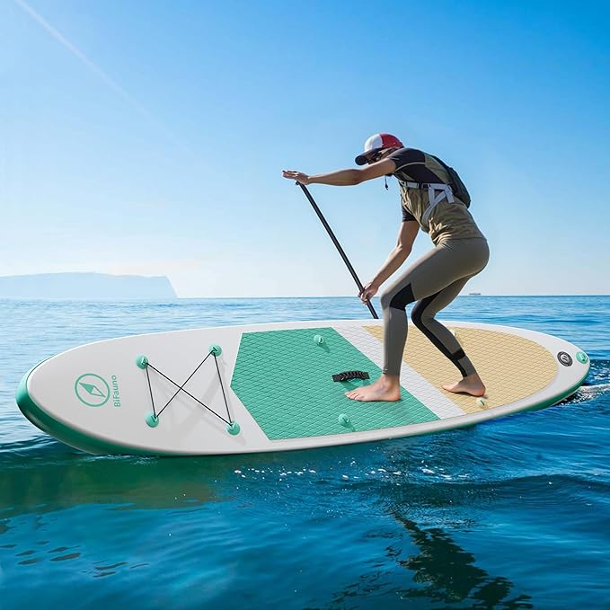 Inflatable Stand Up Paddle Board with SUP Accessories & Backpack. Paddle Boards for Adults. Non-Slip Deck, Wide Stance, Bottom Fin, Double Action Pump.-StrideForce Fitness