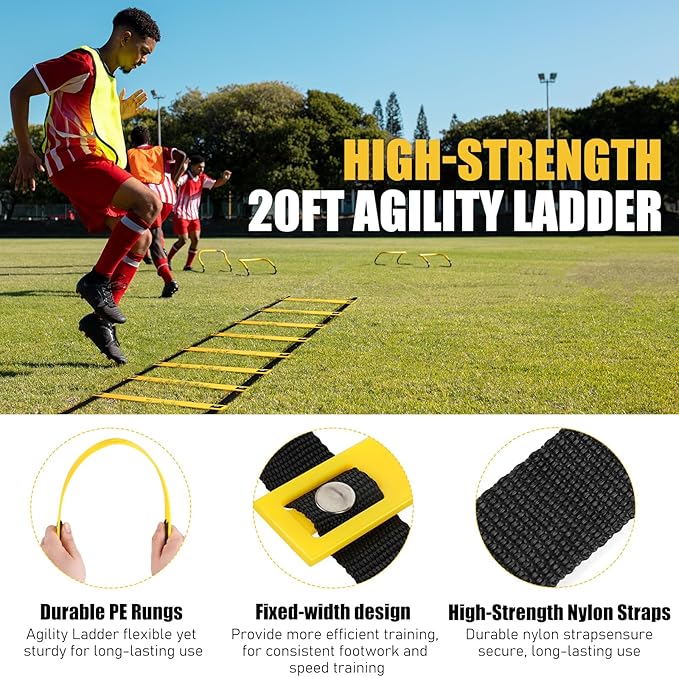 Agility Speed Training Equipment Set - 20ft Speed Ladder, 12 Cones, 4 Adjustable Hurdles, Jump Rope, Parachute | Ideal for Basketball, Football, Soccer, for Kids, Youth, Adults