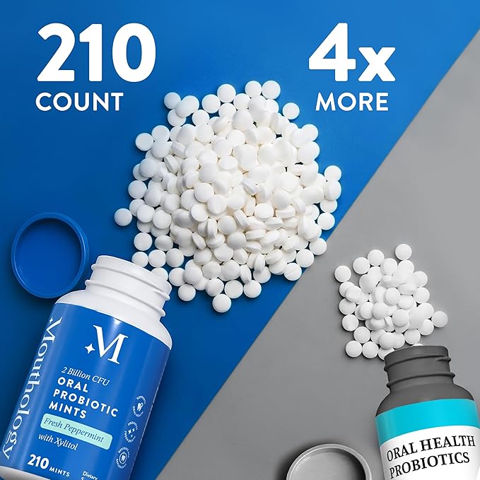 Mouthology Oral Probiotics for Mouth Bad Breath with Xylitol (210 Count Mints), Dental Probiotic, Mouth Probiotics Bad Breath Treatment and Gums