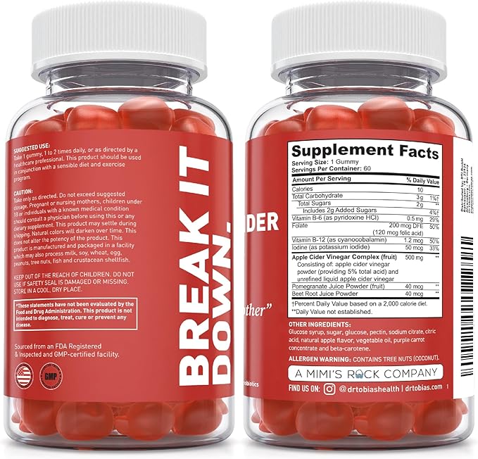 Dr. Tobias Apple Cider Vinegar Gummies, Includes 500 mg Apple Cider Vinegar with Mother, Folate, B12 & Iodine, Supports Gut Health, Cleanse & Detox, Vegan, Gluten-Free, 60 Gummies-StrideForce Fitness