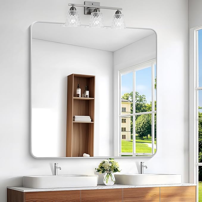 Silver Bathroom Mirror,48x48 inch Wall Mirror for Bathroom Wall Mounted,Rectangle Mirror for Bathroom Over Sink,Modern Frame Round Corner for Living Room,Bedroom Entryway,Horizontal/Vertical-StrideForce Fitness