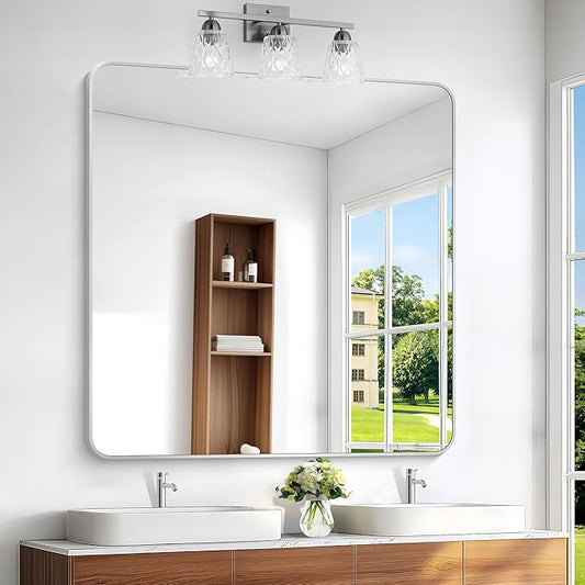 Silver Bathroom Mirror,48x48 inch Wall Mirror for Bathroom Wall Mounted,Rectangle Mirror for Bathroom Over Sink,Modern Frame Round Corner for Living Room,Bedroom Entryway,Horizontal/Vertical-StrideForce Fitness