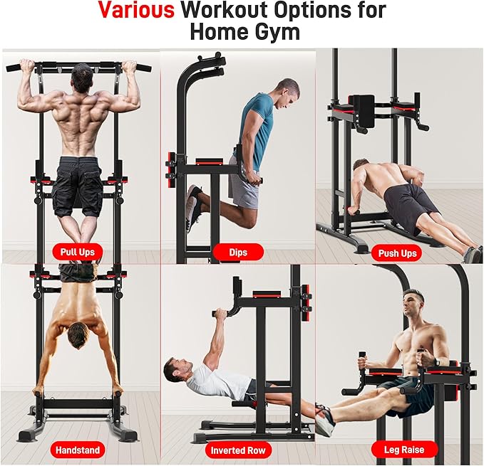 Outdoor Basic Power Tower Max Pull Up Bar and Dip Station - Heavy Duty 1600LBS Weight Capacity, Reinforced Steel Frame for Maximum Stability, Multi-Function Home Gym Equipment with Adjustable Height for Strength Training Fitness-StrideForce Fitness