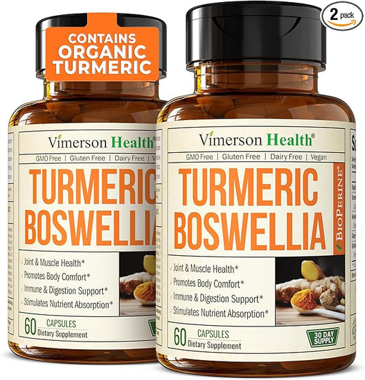 Turmeric Supplement with 65% Boswellia Extract Capsules - Turmeric Curcumin Supplement 95% Curcuminoids - Boswellia Serrata, Black Pepper, Organic Turmeric & Ginger root capsules - Tumeric Caps 2-Pack-StrideForce Fitness