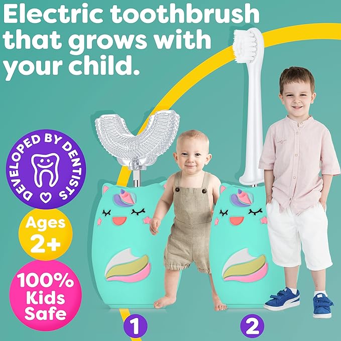 Trueocity Kids U Shape Toothbrush Auto Electric Toddler Rechargeable Kids Automatic Toothbrush | 360° U-Shaped Silicone Brush Head | Gentle Cleaning for Ages 2–7 2–7 | Unicorn Design (Turquoise)