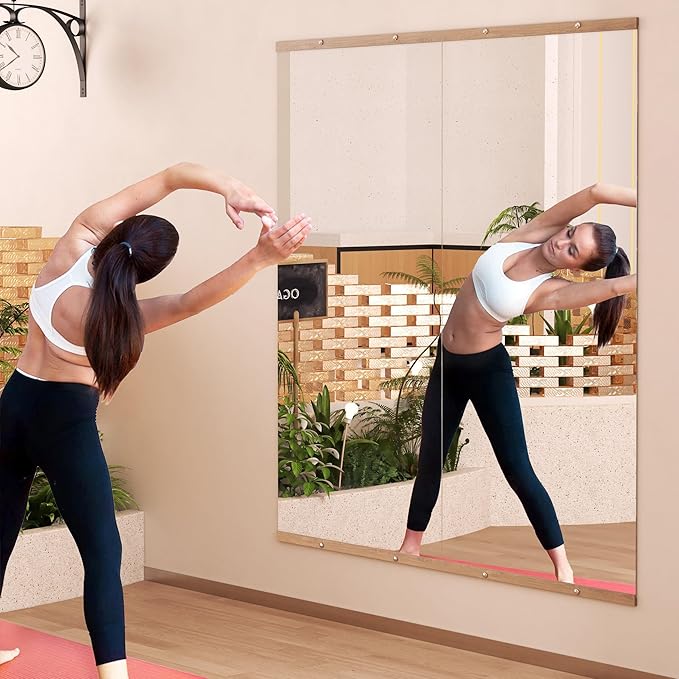 Hasipu 4Pcs 48''x24'' Home Gym Mirror Large Full Length Wall Mounted Full Body Mirror for Yoga Dance Fitness Exercise Studio Bedroom Garage, Frameless Tempered Glass Workout Mirrors Walnut Rectangular-StrideForce Fitness