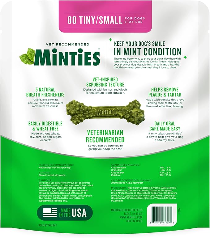 Minties Dog Dental Bone Treats, Tiny/Small Dental Dog Treats, Clean Teeth, Fight Bad Breath, Removes Plaque and Tartar, 80 Count