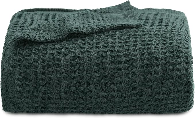 Bedsure 100% Cotton Blanket Twin XL Size for College Dorm - Breathable and Soft, Waffle Weave Twin Blanket for Summer, Dorm Room Essentials, Dark Green, 66x90 inches-StrideForce Fitness