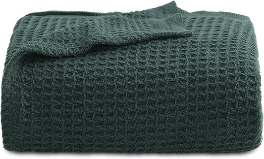 Bedsure 100% Cotton Blanket Twin XL Size for College Dorm - Breathable and Soft, Waffle Weave Twin Blanket for Summer, Dorm Room Essentials, Dark Green, 66x90 inches-StrideForce Fitness