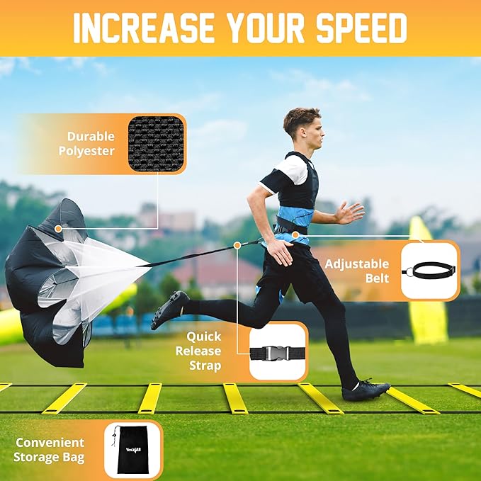 Yes4All Agility Ladder Speed Training Equipment Set - 1 Adjustable Agility Ladder, 12 Soccer Cones, 5 Hurdles, Jump Rope, Running Parachute - Speed & Agility Training Equipment for All Ages-StrideForce Fitness