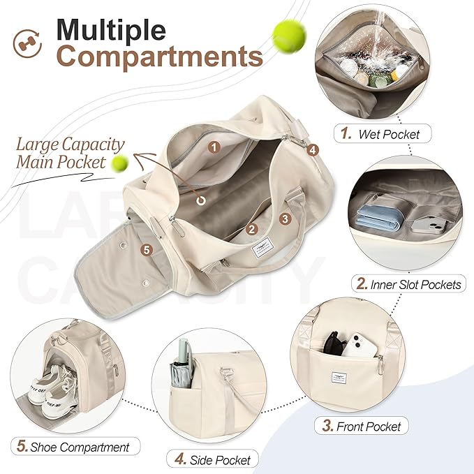 FIORETTO Womens Gym Tote Duffle Bag with Wet Pocket & Shoe Compartment, Sports Duffel Overnight Weekender Hospital Workout Carry on Bag for Girls, Ideal for Travel, Swimming, Dance, Ballet Beige-StrideForce Fitness