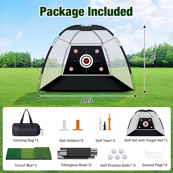 MoKo Golf Net with Practice Mat, 10 x 7 ft Golf Hitting Net for Outdoor Indoor Backyard Driving Chipping Swing Training, All-in-One Multi-Target Training Aid Practice Nets with Tri-Turf Mat-StrideForce Fitness