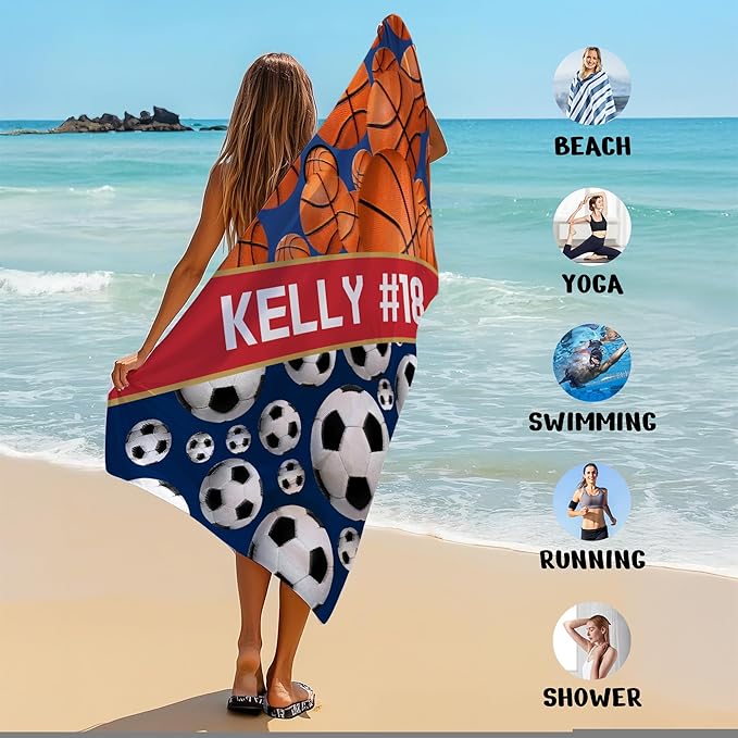 Personalized Beach Towel With Name, Custom Beach Towel with Text, Customized Basketball Football Microfiber Pool Towel, Quick Dry & Absorbent Swim Towel for Adult,Anniversary, Birthday, Summer Holiday-StrideForce Fitness