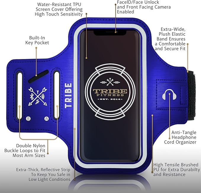 TRIBE Water Resistant Cell Phone Armband Case Running Holder for iPhone Pro Max Plus Mini SE (13/12/11/X/XS/XR/8/7/6/5) Galaxy S Ultra Plus Edge Note (21/20/10/9/8/7/6/5) Adjustable Strap & Key Pocket-StrideForce Fitness