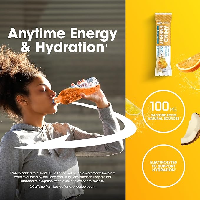 Optimum Nutrition Amino Energy Plus Hydration Packets, On-The-Go Caffiene Stick Packs, Surfside Citrus, 25 Count-StrideForce Fitness