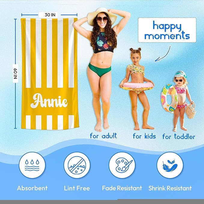 JML Personalized Beach Towel with Name, Custom Cabana Stripe Beach Towel, Customized Microfiber Pool Towel, Quick Dry & Absorbent Swim Towel for Adult,Mother's Day, Birthday, Summer Holiday,Vacation-StrideForce Fitness