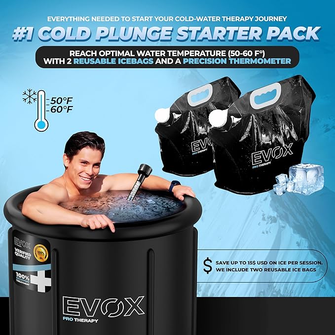Ice Bath Tub for Athletes – Complete Starter Pack [Cold Plunge Tub, Thermometer, Repair Patch, 2X Reusable Ice Bags] Indoor & Outdoor Inflatable Tub for Recovery – 110 Gal Portable Ice Pod Barrel-StrideForce Fitness