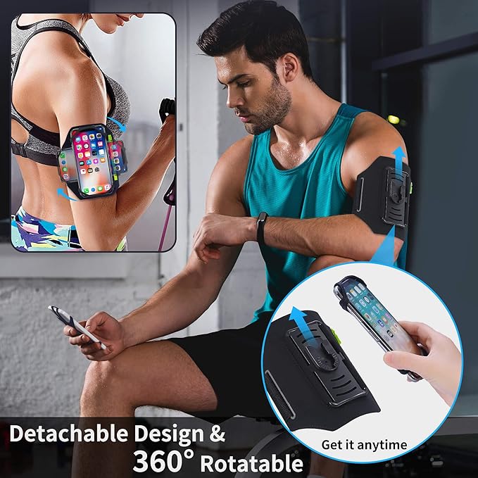 Detachable & 360° Rotatable Running Armband -with Reflective Strap Zipper Pocket & Earphone Bag for iPhone 16 15 14 Pro Max Plus Samsung Galaxy – Workout Exercise Phone Holder with Card Key Slot-StrideForce Fitness