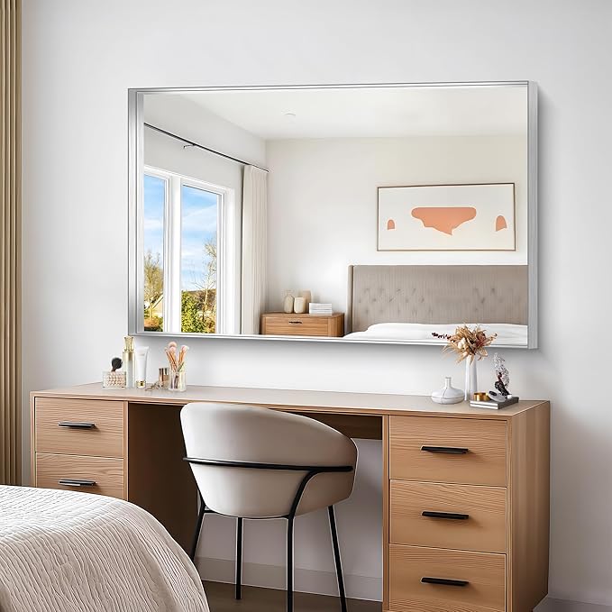 Silver Bathroom Mirror, 36x55 Inch Rectangular Deep Frame Mirror, Large Wall Mounted Bathroom Vanity Mirror Over Sink for Bedroom,Restroom, Living Room, Hangs Vertically or Horizontally-StrideForce Fitness